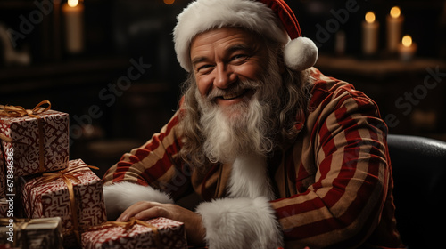 Jolly man with a white beard in a Santa hat surrounded by gifts