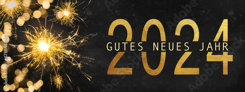 Canvas Print Goldenes Feuerwerk auf schwarzemNacht Himmel Hintergrund, Text Gutes neues Jahr 2024 mit Jahreszahl
