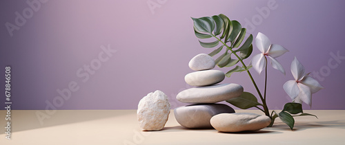 stacked rocks with tropical leaves  in the style of light beige and violet  minimalist stage designs. Background under the product presentation