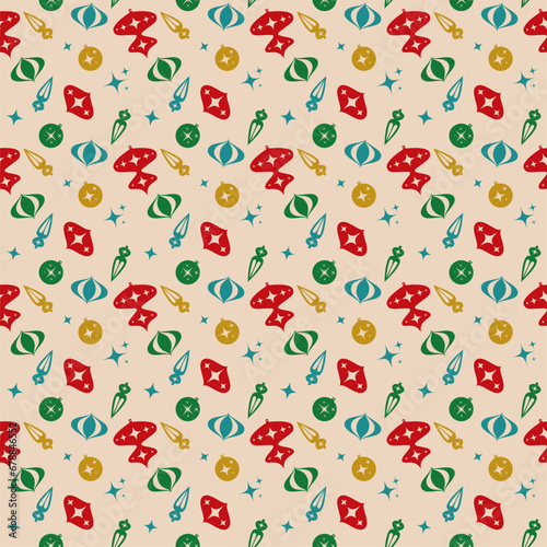 Christmas Ornaments Seamless Pattern Retro Christmas Background Mid Century Modern Atomic Space Age Abstract Procreate Repeating Design 50s Digital Wrapping Paper Print Fabric Textile Design Pattern