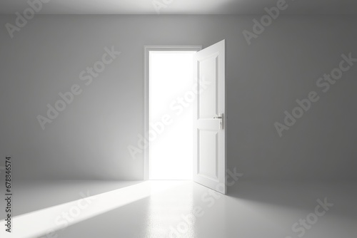 Open door in empty room with white walls