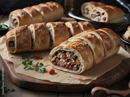 Capture the essence of Sausage Roll in a mouthwatering food photography shot Generative AI photo