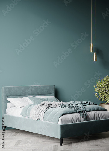 Сhic rich luxury bedroom with cyan color bed velor and tiffany or turquoise, teal azure mint painting wall. Minimalist interior design home or hotel. Empty mockup wall for art. Gold detail. 3d render 