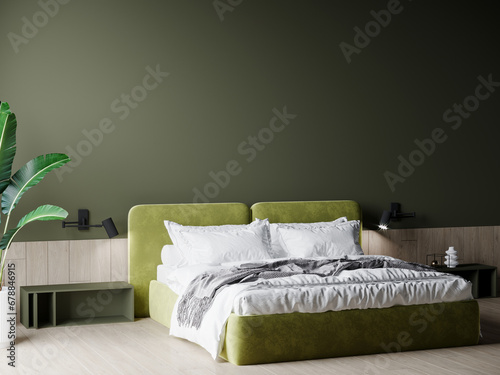 Modern rich luxury bedroom with lime olive color bed velor and khaki dark green painting wall. Minimalist interior design home or hotel. Empty mockup wall for art. wood parquet details. 3d render 