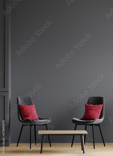 Modern dark black gray living room or reception with a viva magenta minimal accent. Trend color pillow. Empty black wall background mockup for art. Lounge with rich chairs and table. 3d rendering 