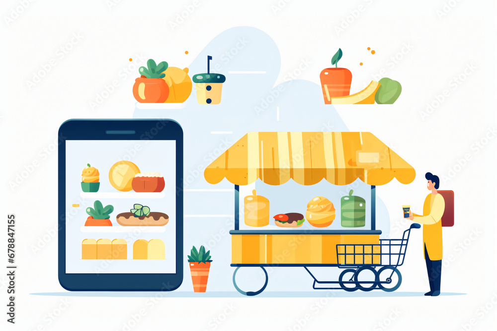 Man with street food stall and smartphone with online grocery app Man with street food stall and smartphone with online grocery app