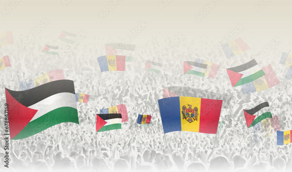 Palestine and Moldova flags in a crowd of cheering people. Palestine and Moldova flags in a crowd of cheering people.