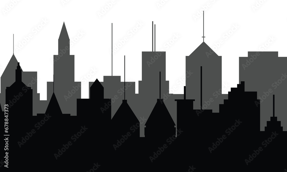 Silhouette city background. Skyscraper silhouette background. Hand drawn vector art.