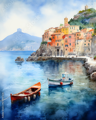 Watercolor Italy Portofino Painting Illustration Artwork - Travel Coastal Print - Tourism Cliff Coastline Oil Painting photo
