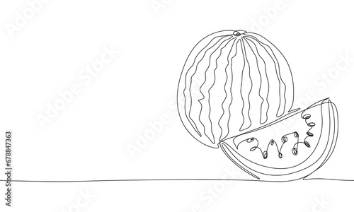Watermelon one line continuous. Fresh watermelon line art outline. Hand drawn vector art.