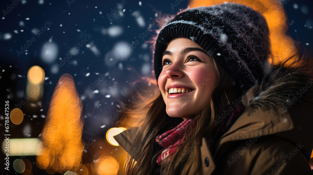 A young woman with blonde hair is smiling gently, wearing a snow-dusted beanie and a scarf, against a backdrop of softly glowing bokeh lights and falling snowflakes. A young woman with blonde hair is smiling gently, wearing a snow-dusted beanie and a scarf, against a backdrop of softly glowing bokeh lights and falling snowflakes.