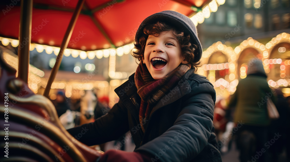 A child with curly hair is laughing joyfully while riding on a carousel horse, surrounded by the warm glow of lights at dusk. A child with curly hair is laughing joyfully while riding on a carousel horse, surrounded by the warm glow of lights at dusk.