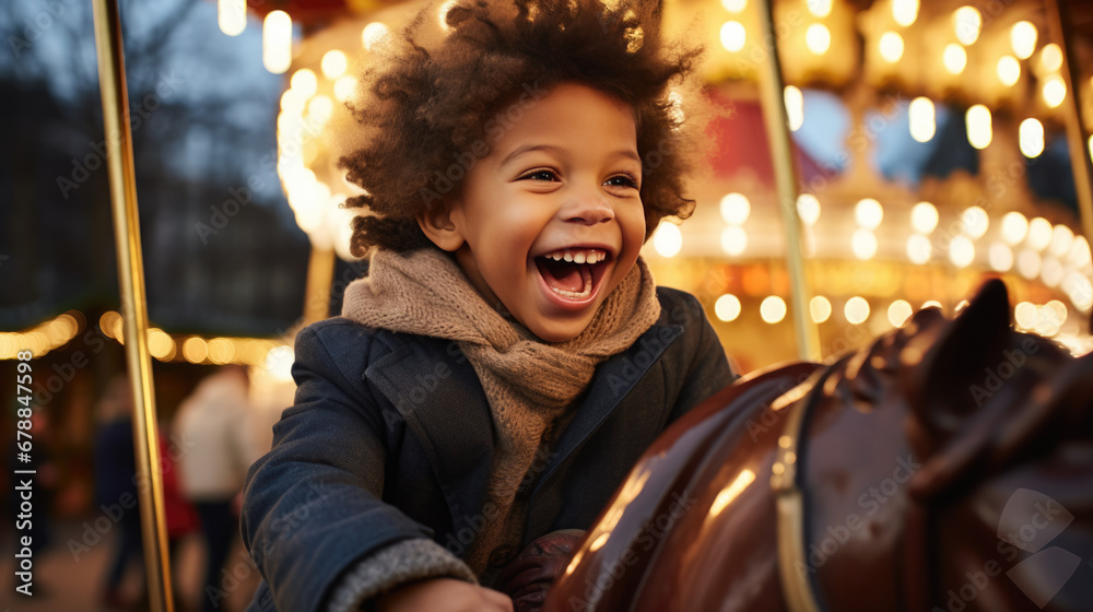 A child with curly hair is laughing joyfully while riding on a carousel horse, surrounded by the warm glow of lights at dusk. A child with curly hair is laughing joyfully while riding on a carousel horse, surrounded by the warm glow of lights at dusk.