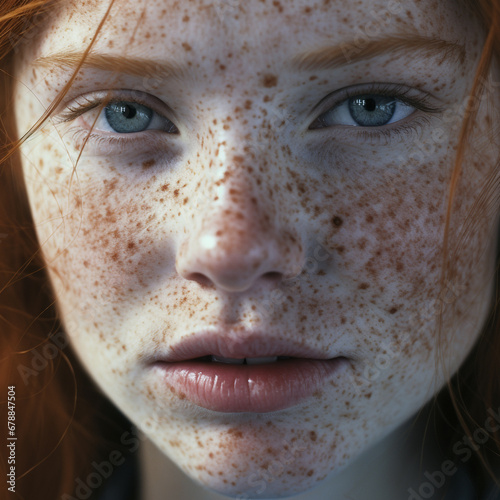 Close up of freckles on a ginger girl photo