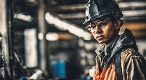 portrait of a construction worker, hard worker at work, portrait of a man with helmet, hard worker photo