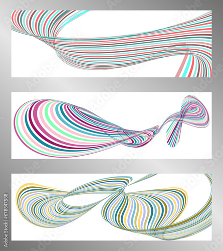 Wavy lines or ribbons. Set of 3 backgrounds. Multicolored striped gradient. Creative unusual background with abstract gradient wave lines to create a trendy banner, poster. vector eps