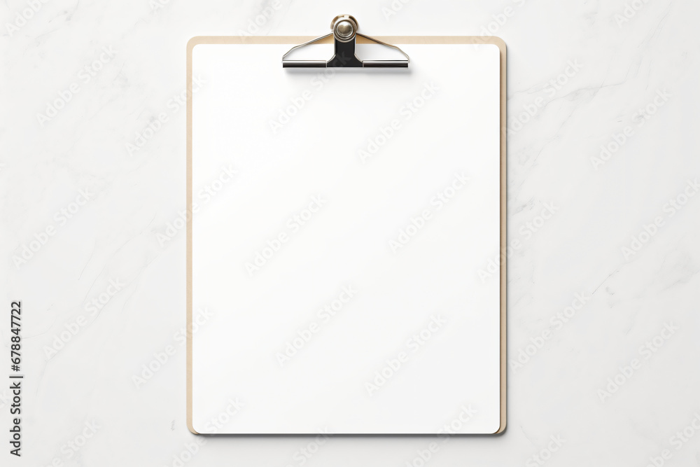 Clean clipboard with white paper and metal clip against white backdrop Clean clipboard with white paper and metal clip against white backdrop