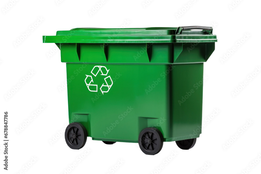 A Green Garbage Container with Recycling Symbol isolated on a transparent background. A Green Garbage Container with Recycling Symbol isolated on a transparent background.