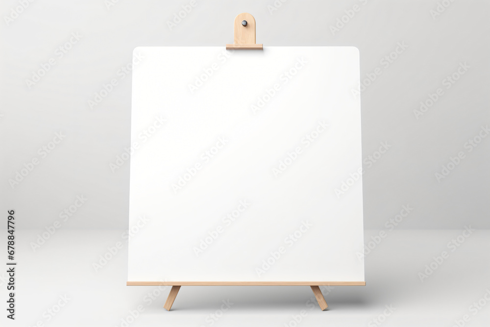Blank white canvas on wooden easel against a plain background Blank white canvas on wooden easel against a plain background