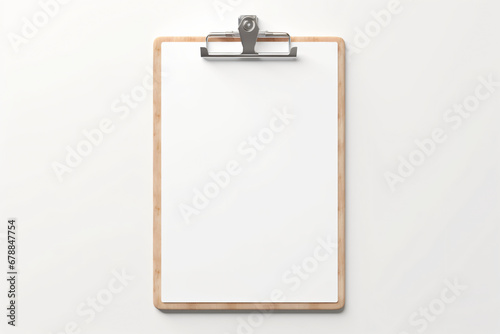 Blank clipboard with wooden board and metal clip on white background