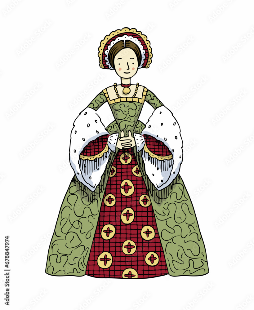 Hand Drawn Lady Tudor fashion - Medieval Woman Historical Costume Vector Illustration With Bonus Raster High Resolution Image