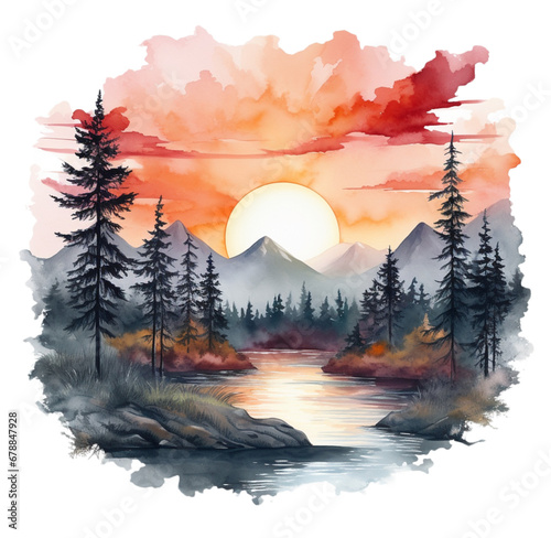 Watercolor sunset. Generative AI, png image.