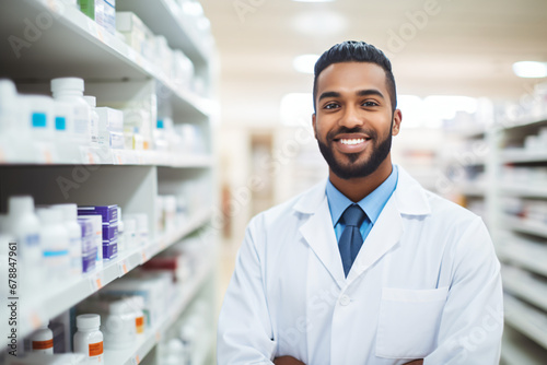 Welcoming black male pharmacist in lab coat standing in pharmacy aisle photo