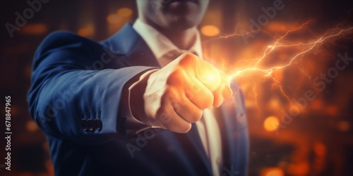 Electrifying Leadership: A Frontal Display as the Business Titan's Fist Holds a Symbolic Lightning Bolt, Manifesting Power, and Managerial Authority