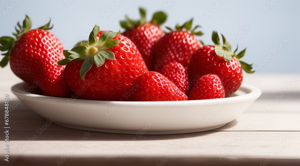 A closeup on a white bowl with fresh red strawberries on a wooden table with beautiful smooth defocused background. A closeup on a white bowl with fresh red strawberries on a wooden table with beautiful smooth defocused background.