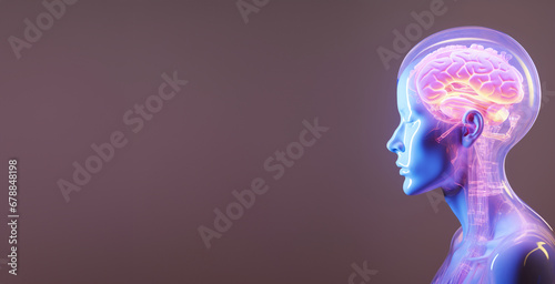 3d head and brain image, brain with color light, in the style of realistic figurative