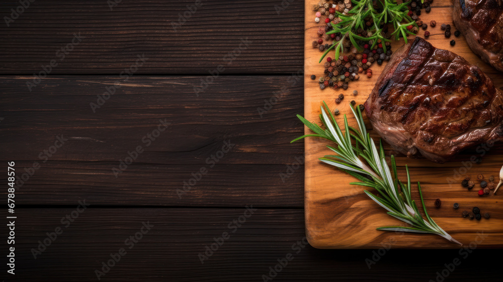 Food - Beef dinner - Delicious grilled stake served on a wooden table, fireplace on background. Big steak meat dish on a main course plate - obrazy, fototapety, plakaty 