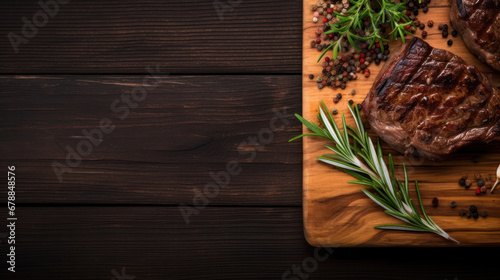 Food - Beef dinner - Delicious grilled stake served on a wooden table, fireplace on background. Big steak meat dish on a main course plate photo