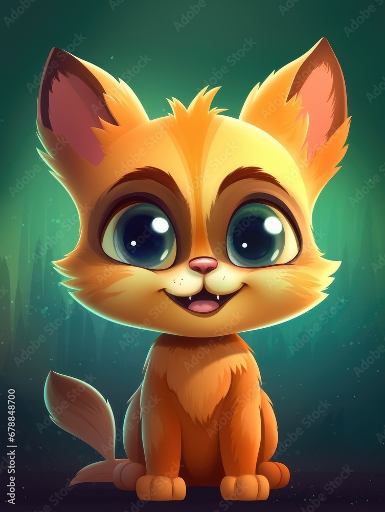 Cute cartoon kitten with big eyes sitting on a dark background.