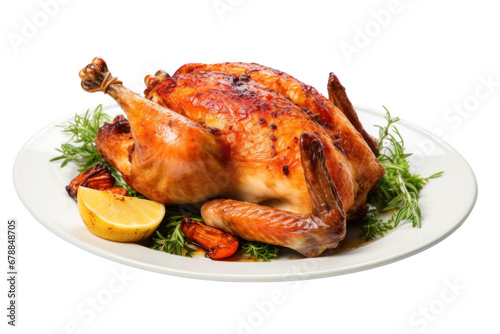 A roast chicken with garnish on a plate and on a transparent background