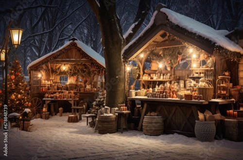 winter market at night near a tree