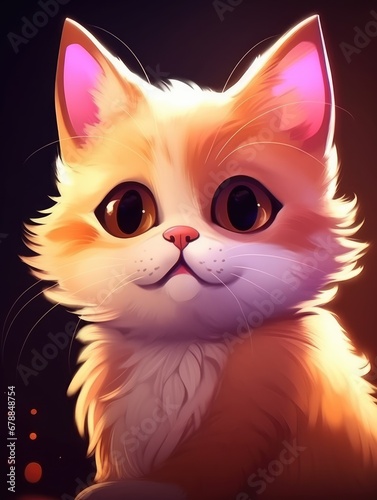 Cute cartoon kitten with big eyes sitting on a dark background. © Mr. Muzammil