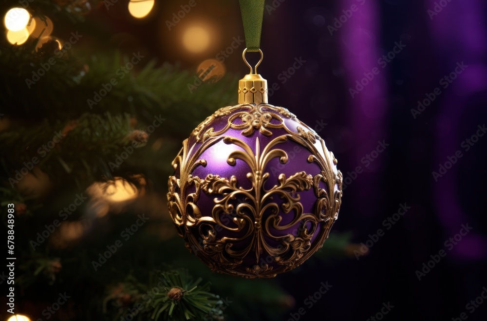 gold christmas ornament hanging on a Christmas tree