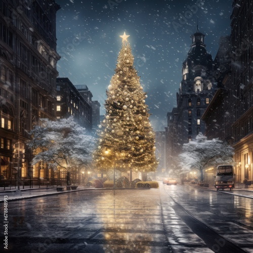 christmas tree in the middle of a snowy city