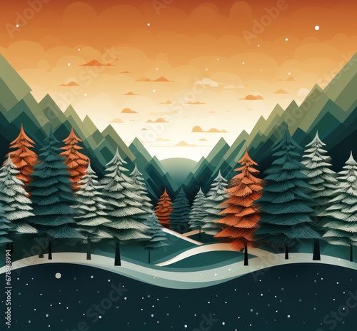 xmas landscape illustration with trees mountains snow