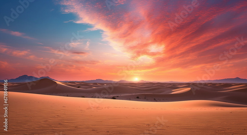 The sun sets over a vast, otherworldly desert, painting the sky in warm hues of orange and pink - AI Generative