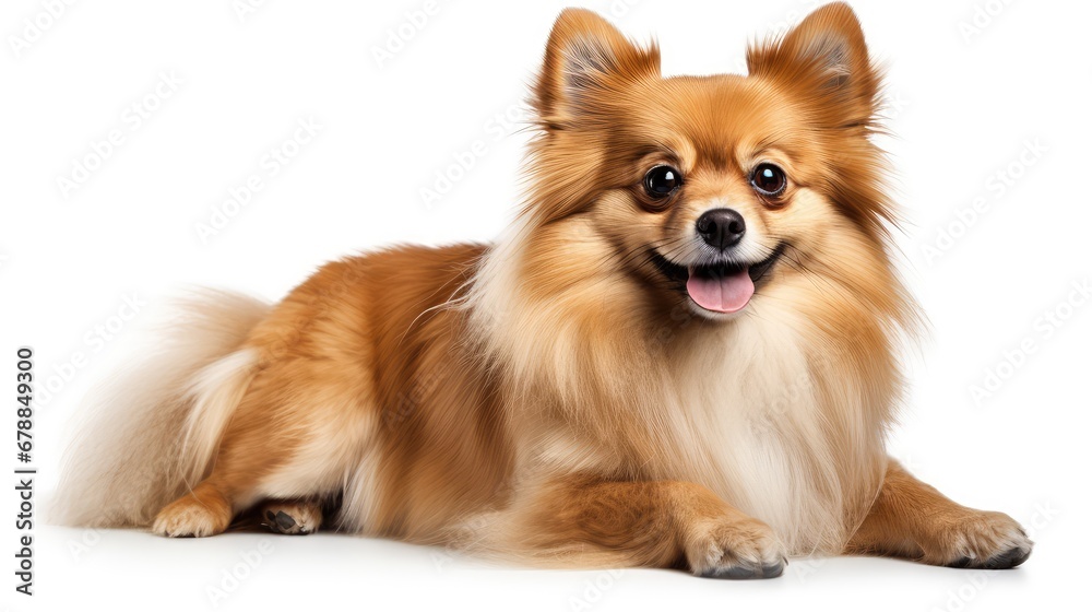 Pomeranian dog lying and looking at camera isolated on white background Pomeranian dog lying and looking at camera isolated on white background