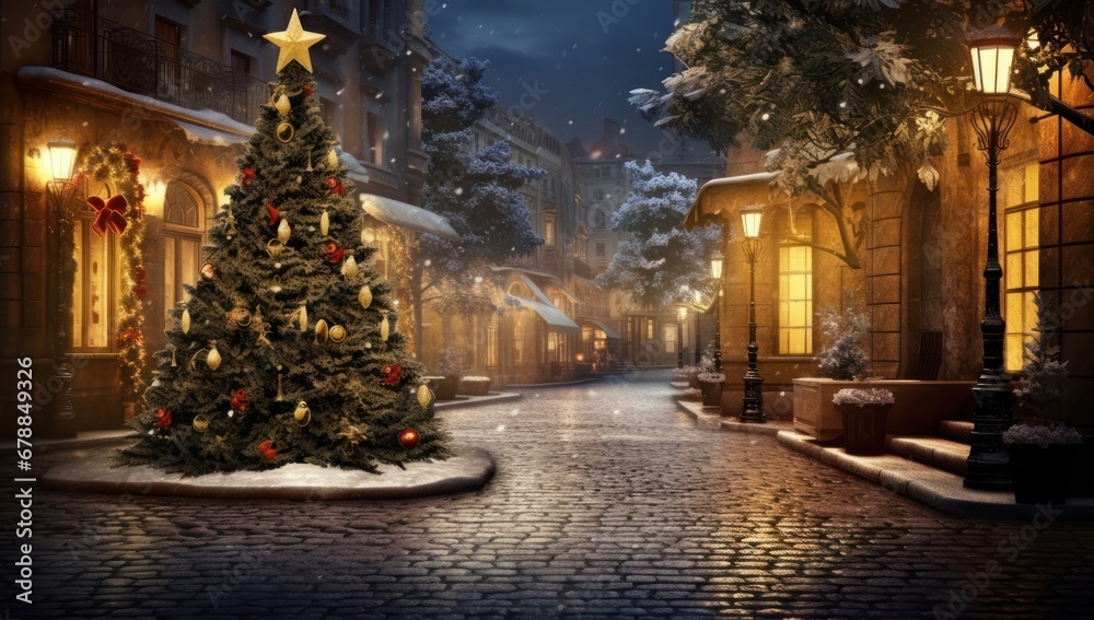 the christmas tree illuminated down an old street the christmas tree illuminated down an old street