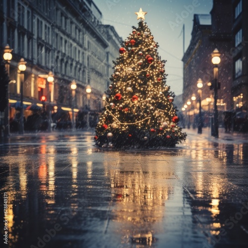 a christmas tree is in the middle of a city street