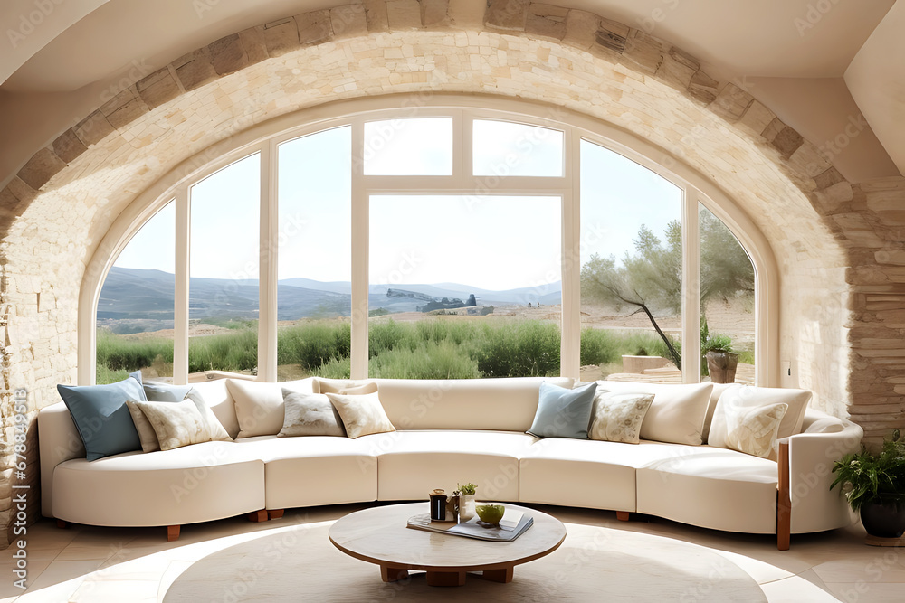 Modern living room interior design of a Mediterranean property. The room features a curved sofa, a stone tiled wall, and an arched window. Generative AI