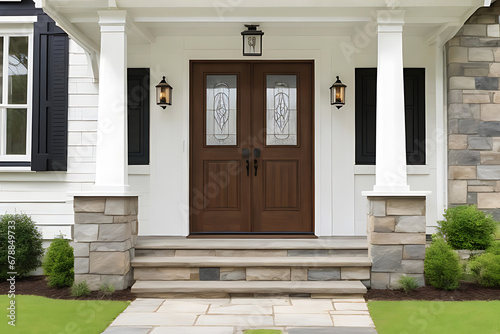 a home's primary entrance door, distinguished by a front door made of wood with a landing and gabled porch. This front view displays the grand columns and Georgian design house. Generative AI