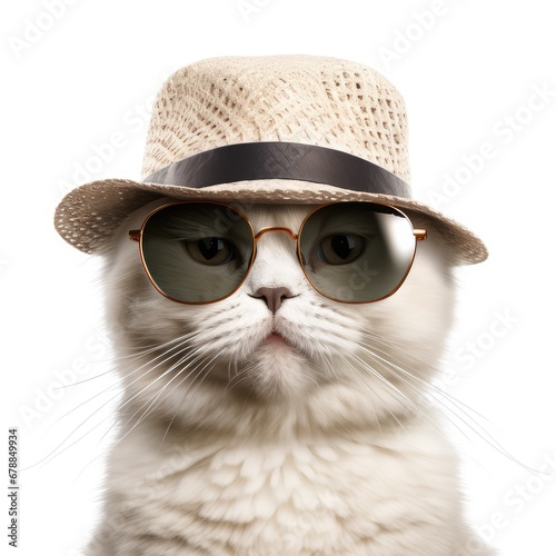 Close-up of a cat wearing a hat and sunglasses