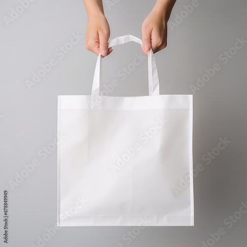 Female hand holding white paper shopping bag on gray background