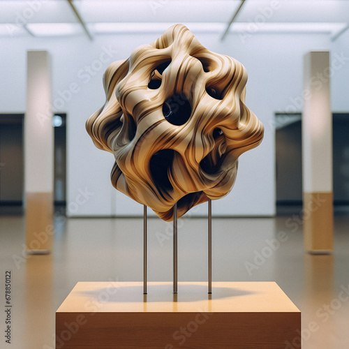 Elegant Wooden Gyroid Design Sculpture. Generative ai. photo