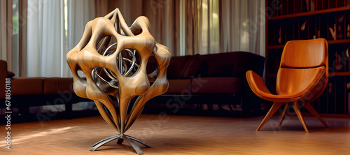 Elegant Wooden Gyroid Design Sculpture. Generative ai. photo