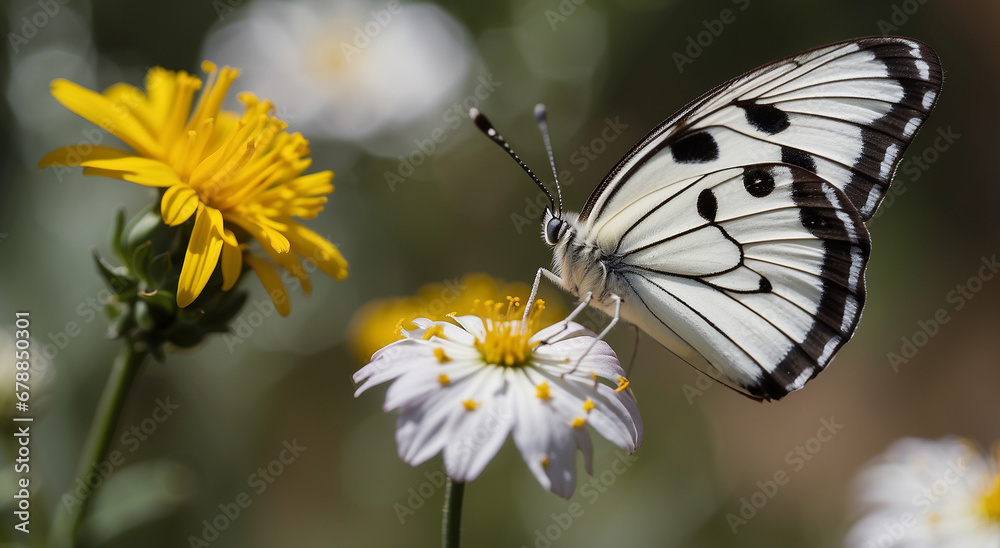 Fototapeta premium A beautiful white butterfly with black and yellow spots sitting on a flower in a defocused background - AI Generative